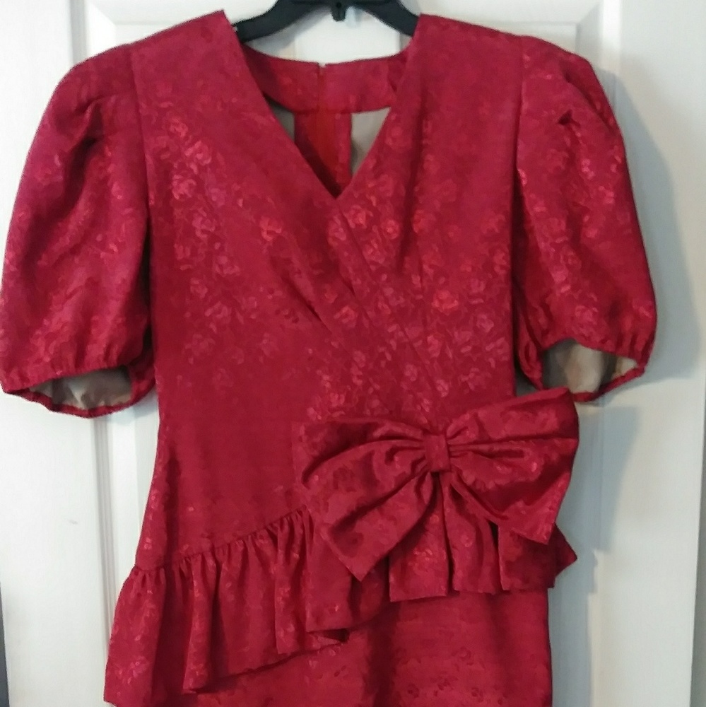 80s Prom Dress. Red satin dress with bow